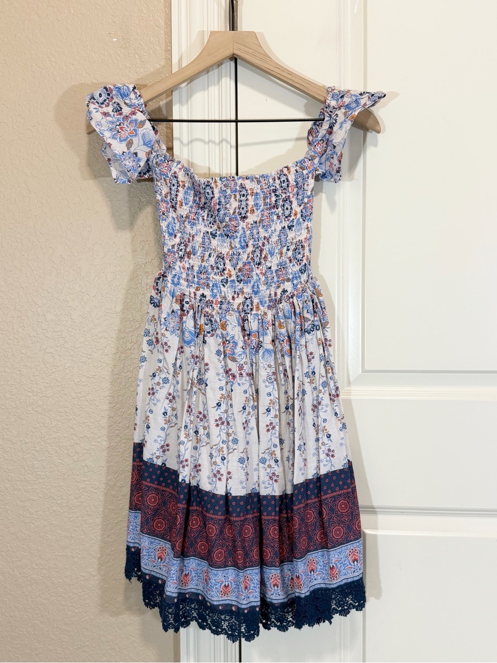 Hint of Mint Smocked Bodice Boho Mini Dress Off-Shoulder